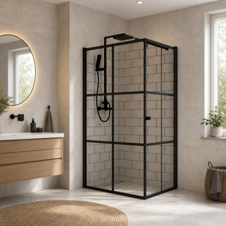 Svart duschvägg med dörr 80x80 cm - Målade spröjs i gruppen Badrum / Dusch / Duschdörrar / Duschväggar med svart spröjs hos Trygghandel Sverige AB (PF-93)